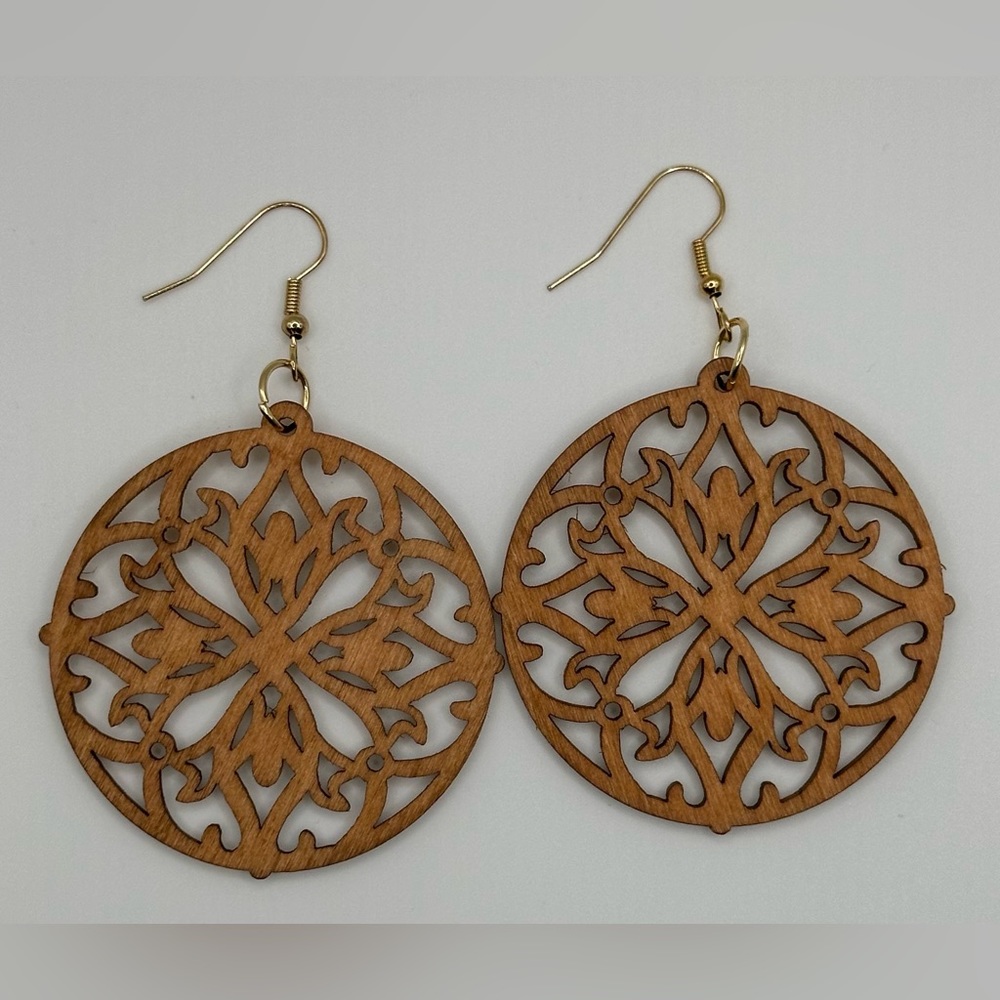 Boho, wooden, laser cut earrings. Brand new, never worn. Gold fishhooks.